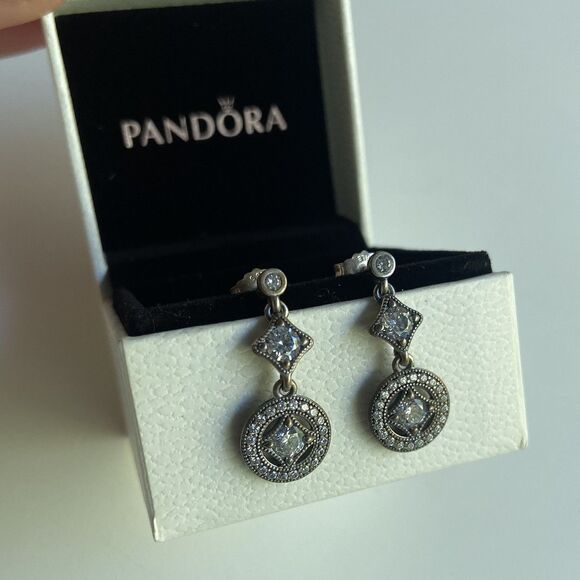 PANDORA Vintage Allure Clear CZ Dangle Earrings #290722CZ RETIRED Authentic - Picture 1 of 5